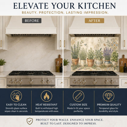 Charming garden themed pot flowers glass backsplash protecting the wall behind a kitchen sink and faucet.