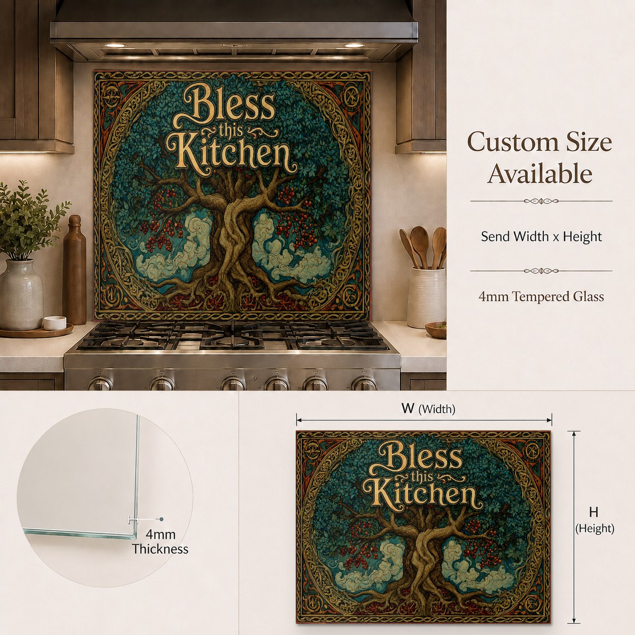 Modern kitchen featuring a custom tempered glass backsplash panel in the cooking zone