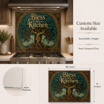 Modern kitchen featuring a custom tempered glass backsplash panel in the cooking zone