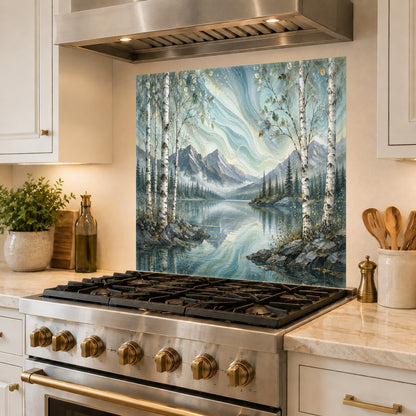 Bright lakeside kitchen interior featuring a durable Great Lake glass backsplash guard behind the cooktop.
