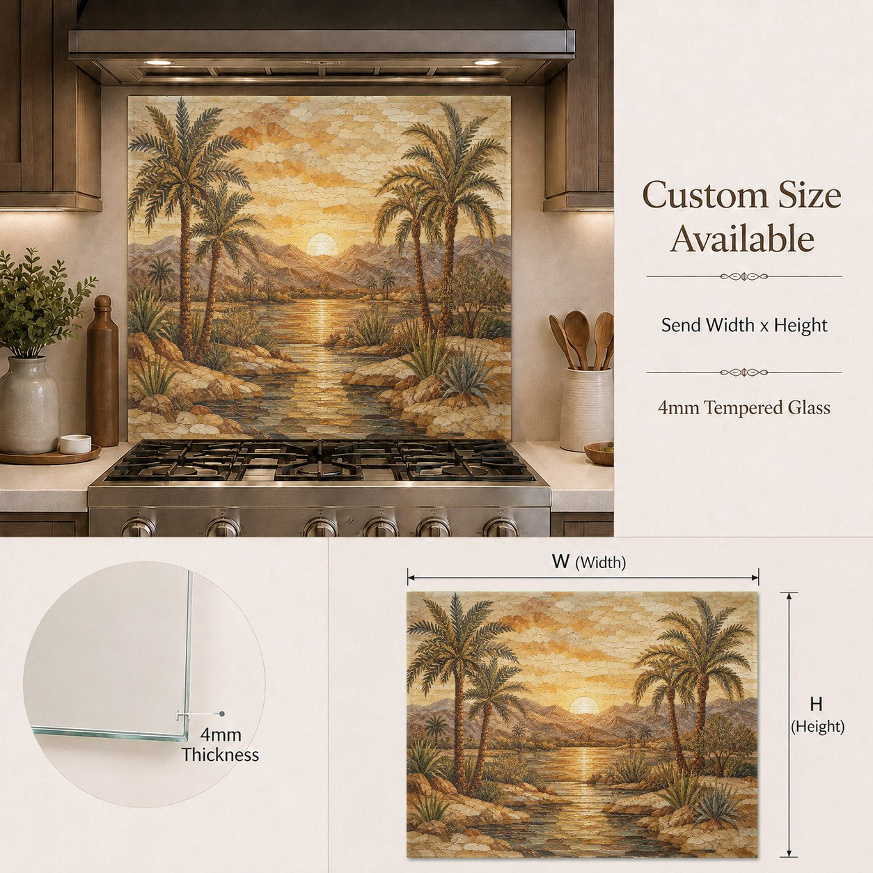 Elegant Art Deco sunrise glass backsplash creating a beautiful focal point behind a slide-in range.