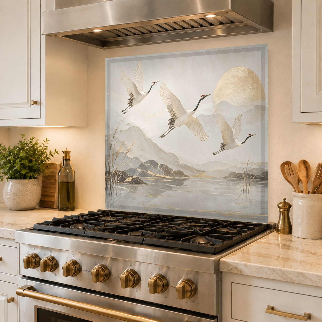 Custom tempered glass backsplash with bird motif behind a modern cooktop