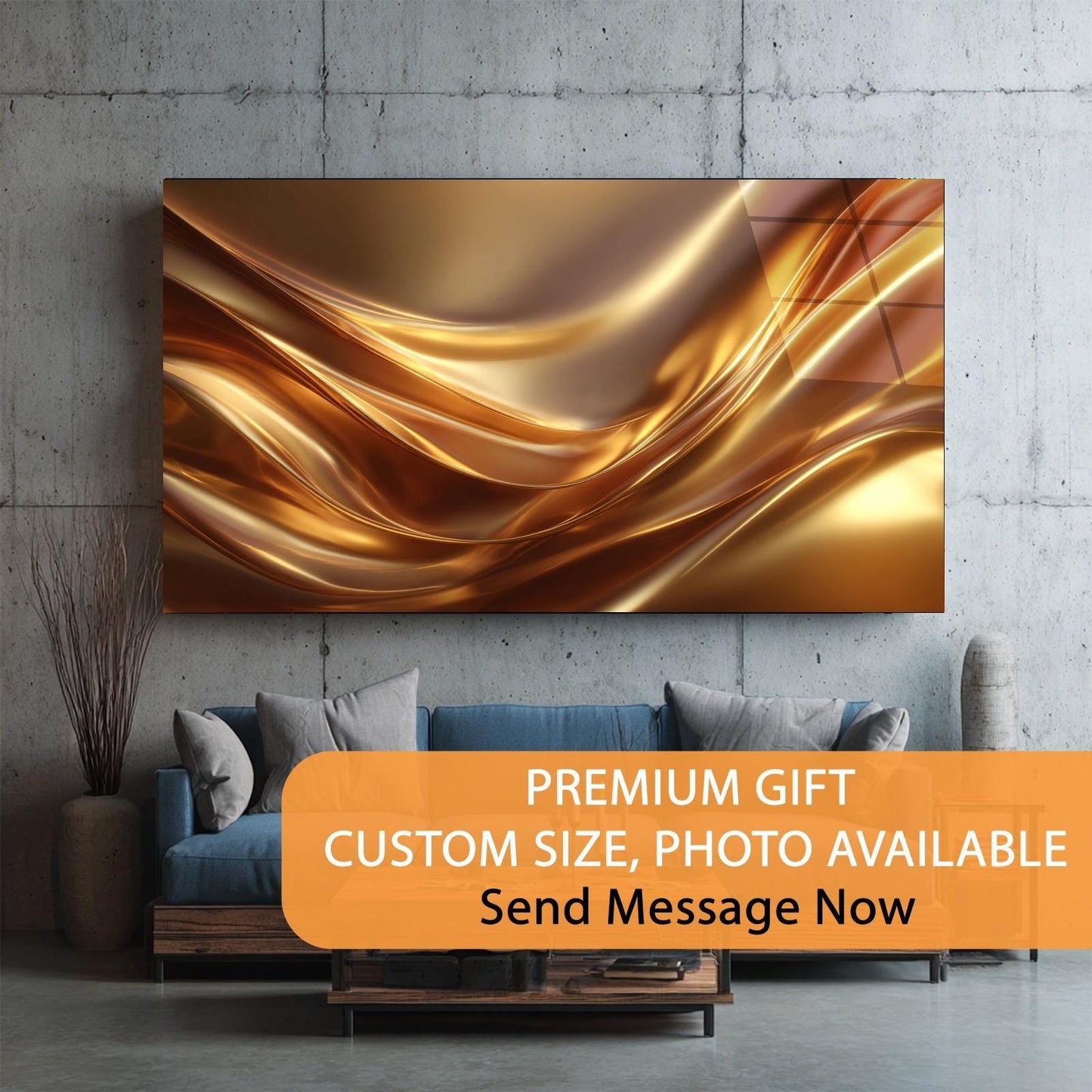 Abstract gold painting on a wall above a blue sofa with promotional text overlay.