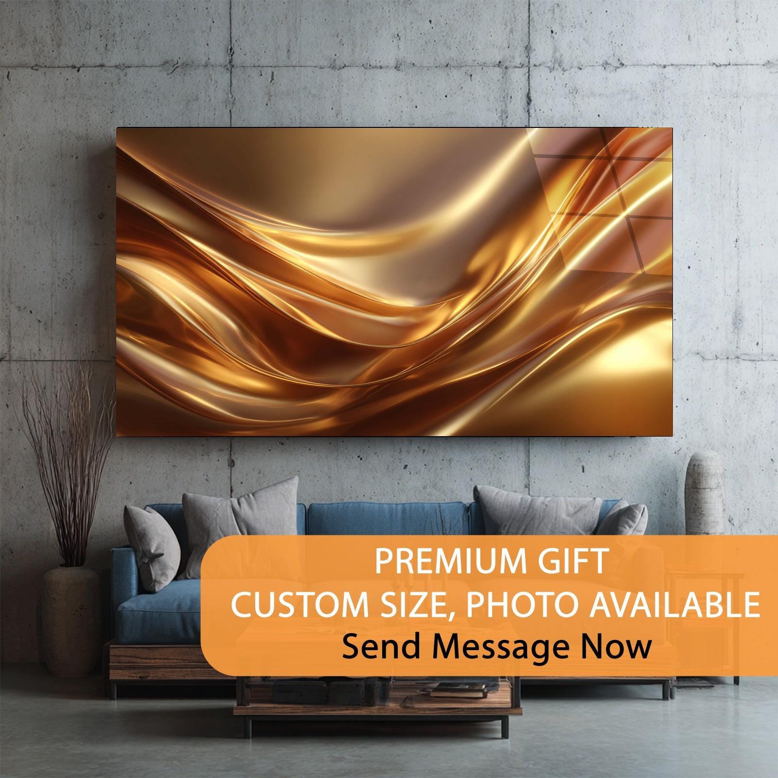 Abstract gold painting on a wall above a blue sofa with promotional text overlay.