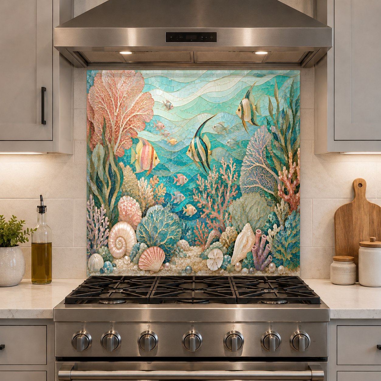 Close-up of coastal ocean high-gloss tempered glass backsplash texture