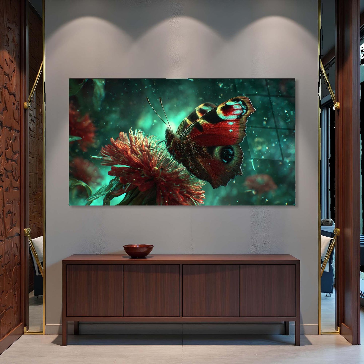 Framed artwork of a butterfly on a flower above a wooden cabinet.