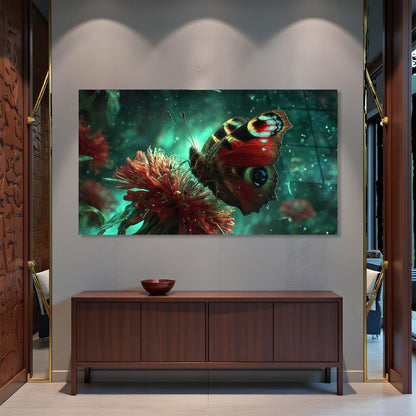 Framed artwork of a butterfly on a flower above a wooden cabinet.