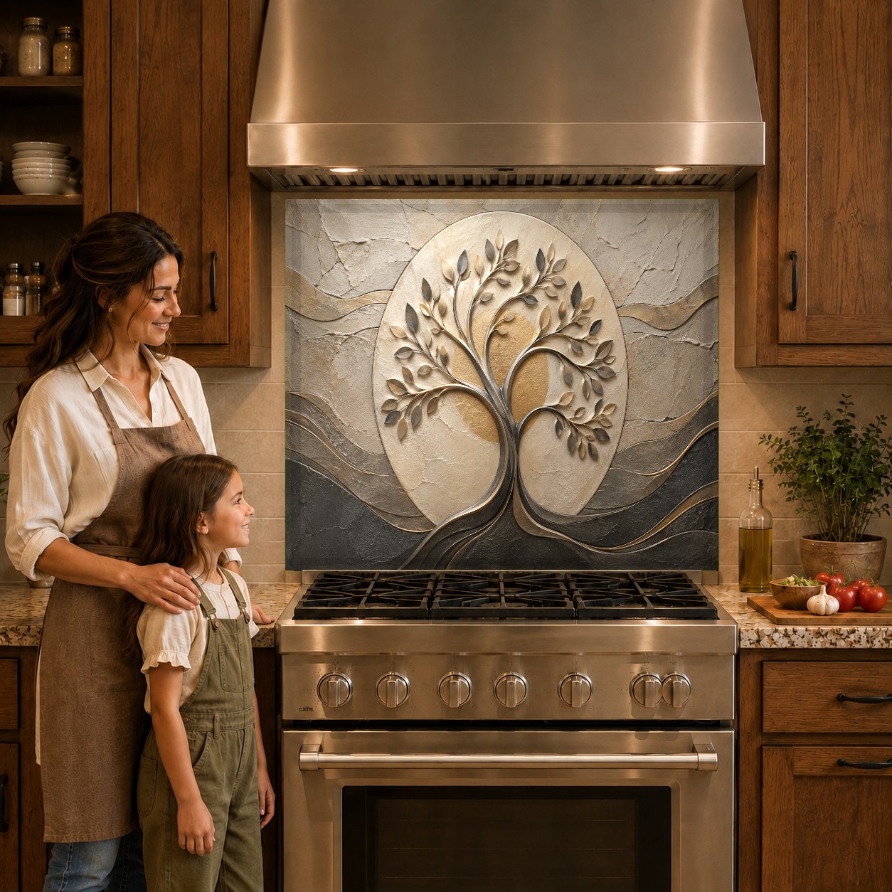 Nature tree design kitchen glass panel mounted behind electric cooktop