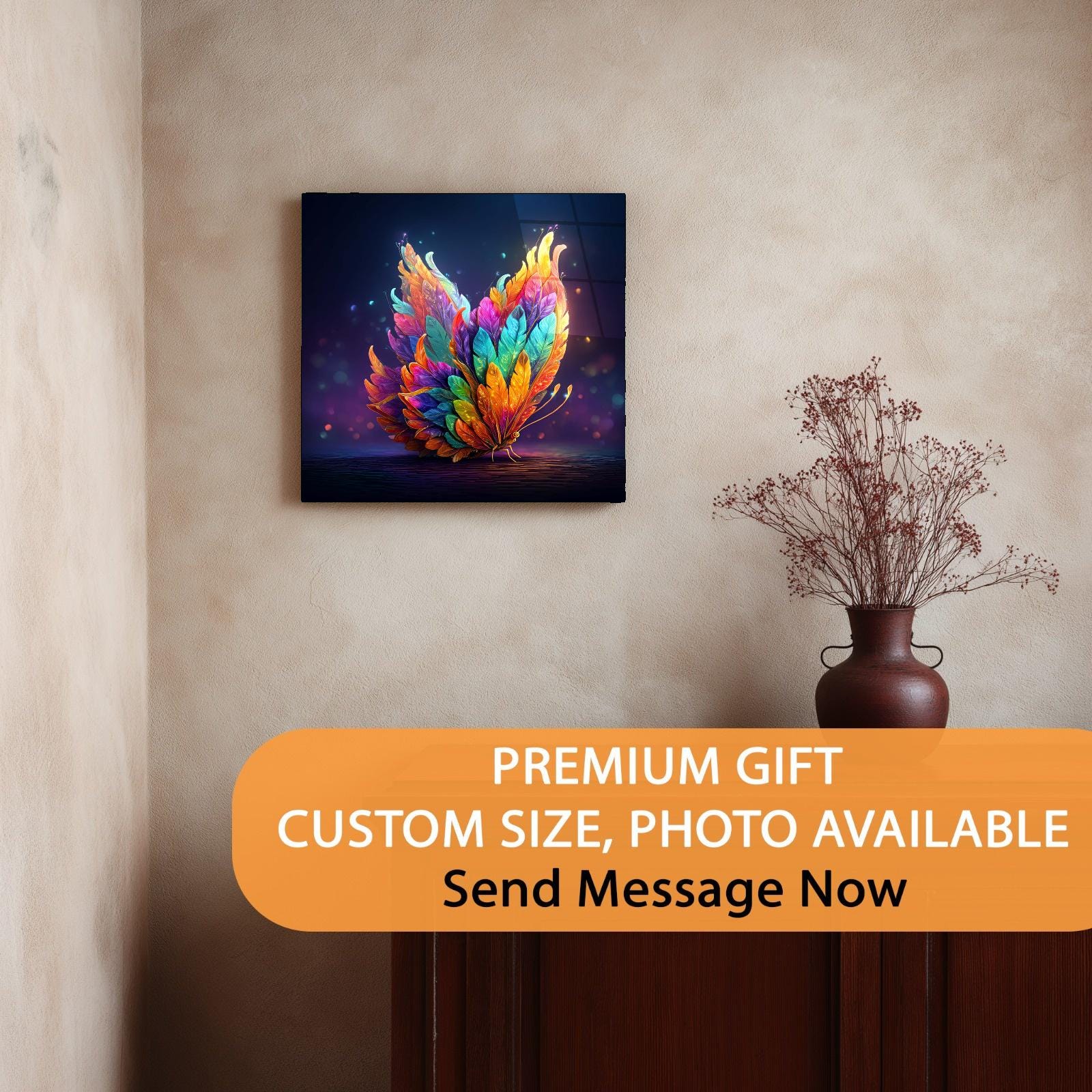 Colorful abstract art piece on a wall with a vase below, promotional text overlay.