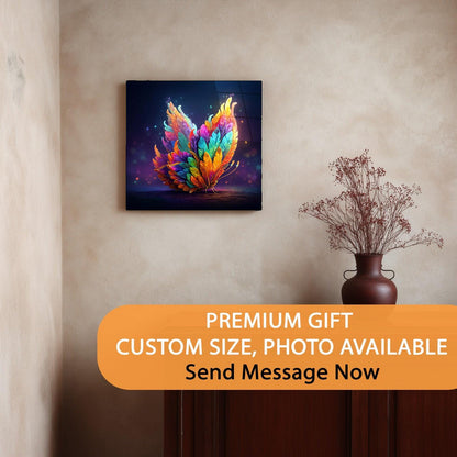 Colorful abstract art piece on a wall with a vase below, promotional text overlay.