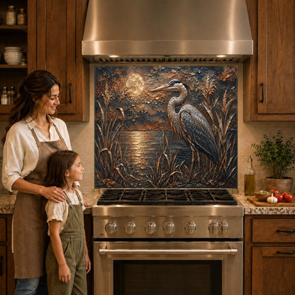 Hygienic and heat-resistant glass kitchen panel featuring a serene heron design behind an induction cooktop.