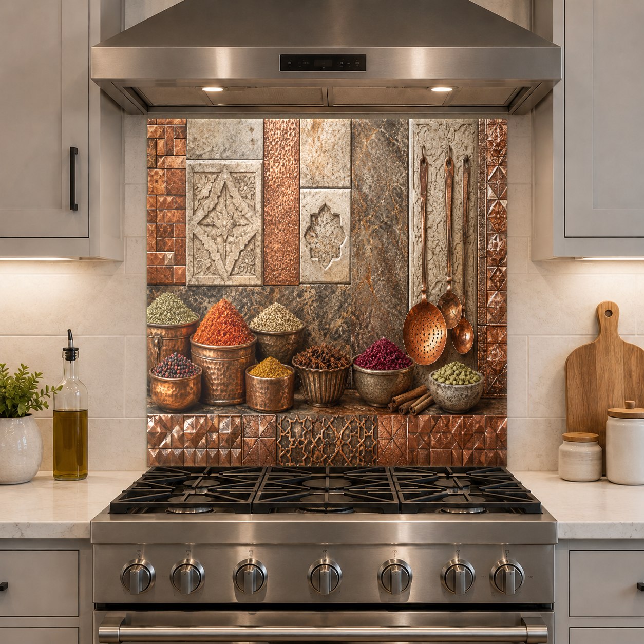 Full view of Copper Spice kitchen glass backsplash protecting stove wall
