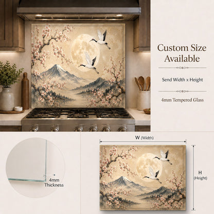 Beautiful Asian-style crane and moon design backsplash panel set behind a professional range stove.