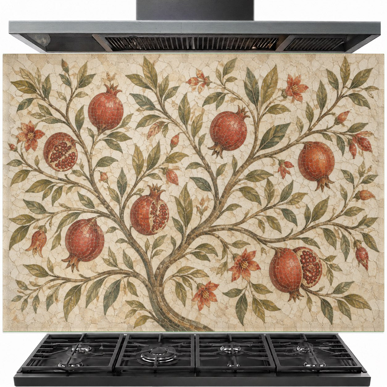 Pomegranate Garden tempered glass backsplash panel installed behind a modern gas stove in a bright kitchen.