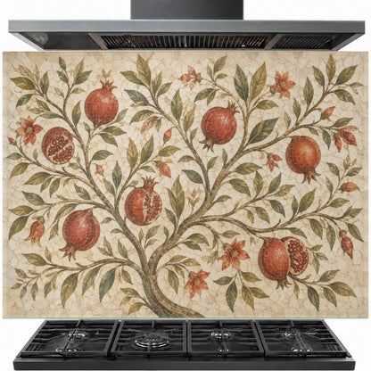 Pomegranate Garden tempered glass backsplash panel installed behind a modern gas stove in a bright kitchen.