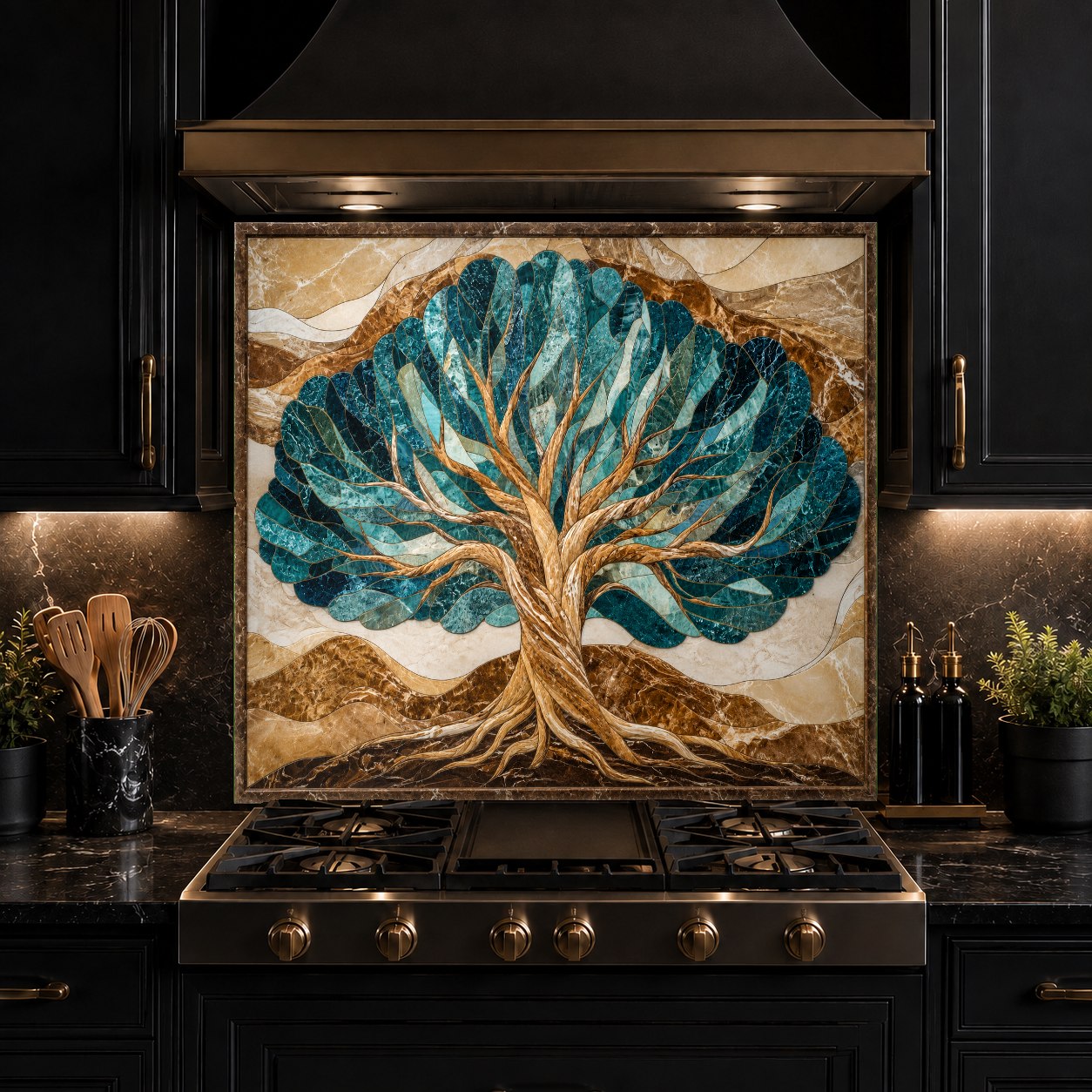 Detailed view of vibrant UV-printed branches on a kitchen glass backsplash