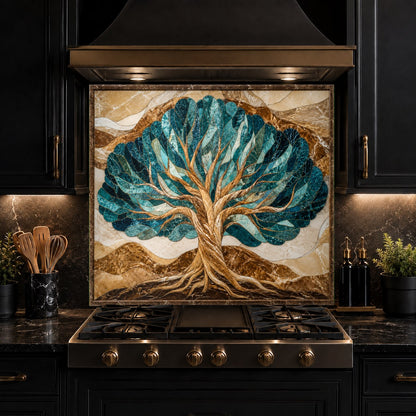 Detailed view of vibrant UV-printed branches on a kitchen glass backsplash