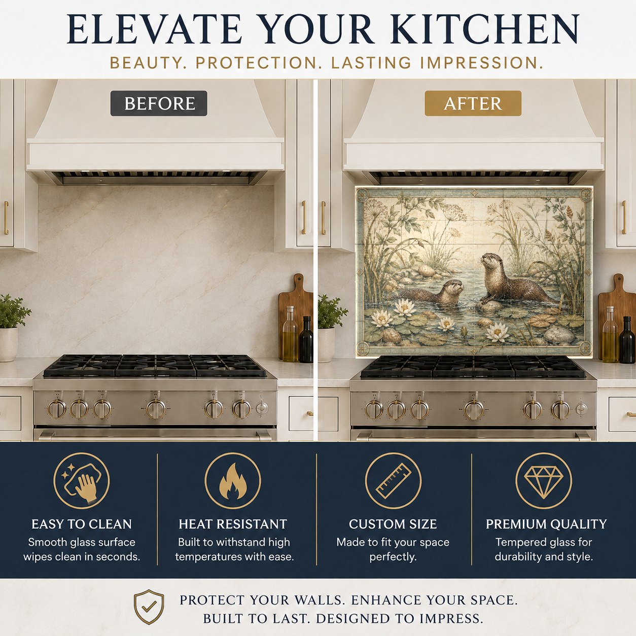 Vibrant wild life scene printed on a glass backsplash behind a kitchen sink with a matte black faucet.