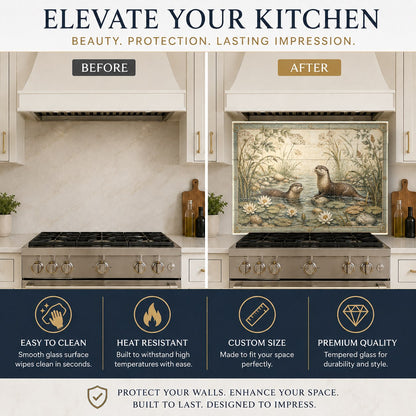 Vibrant wild life scene printed on a glass backsplash behind a kitchen sink with a matte black faucet.
