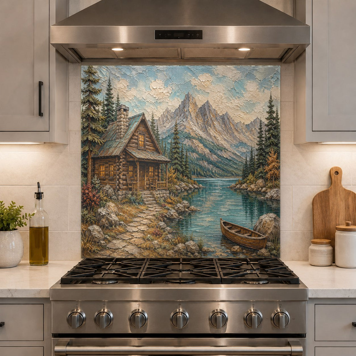 Close-up of a seamless lake cabin glass backsplash panel installed over existing kitchen tiles.