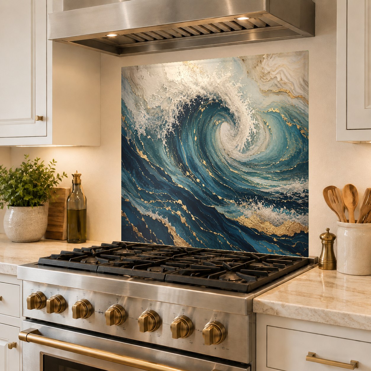Modern kitchen island wall featuring a custom ocean waves tempered glass backsplash panel.