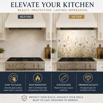 Bright wildflower design glass backsplash panel protecting the kitchen wall behind a stainless steel range.