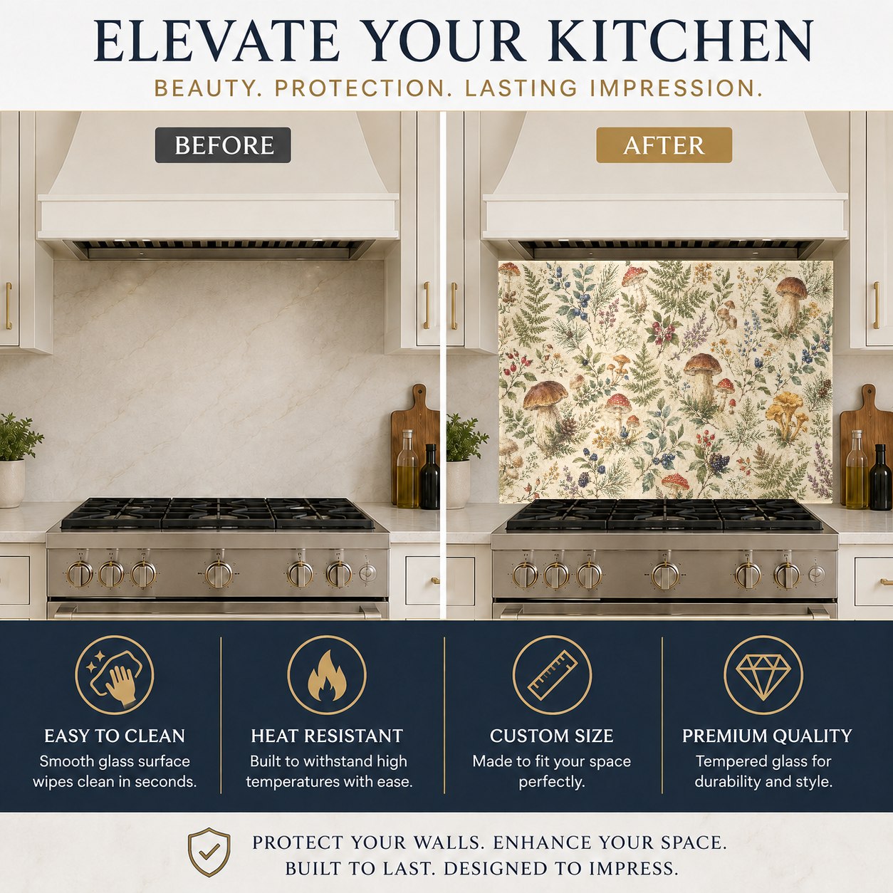 Heat-resistant glass backsplash with vibrant botanical garden design positioned behind an induction cooktop.
