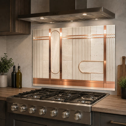 Close-up of the metallic copper line pattern on a tempered glass kitchen panel