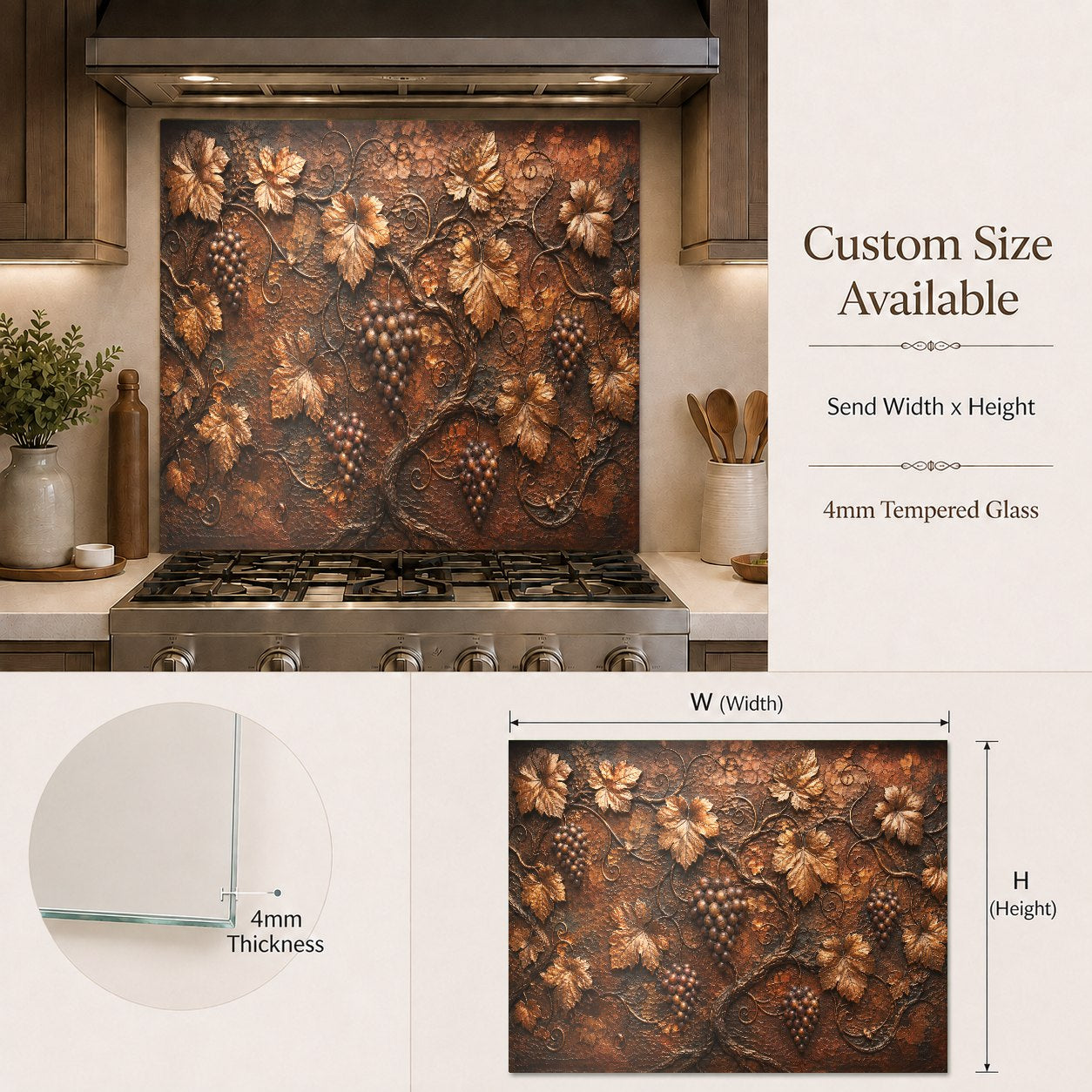 Heat-resistant Bronze Vineyard glass backsplash mounted in a rustic kitchen
