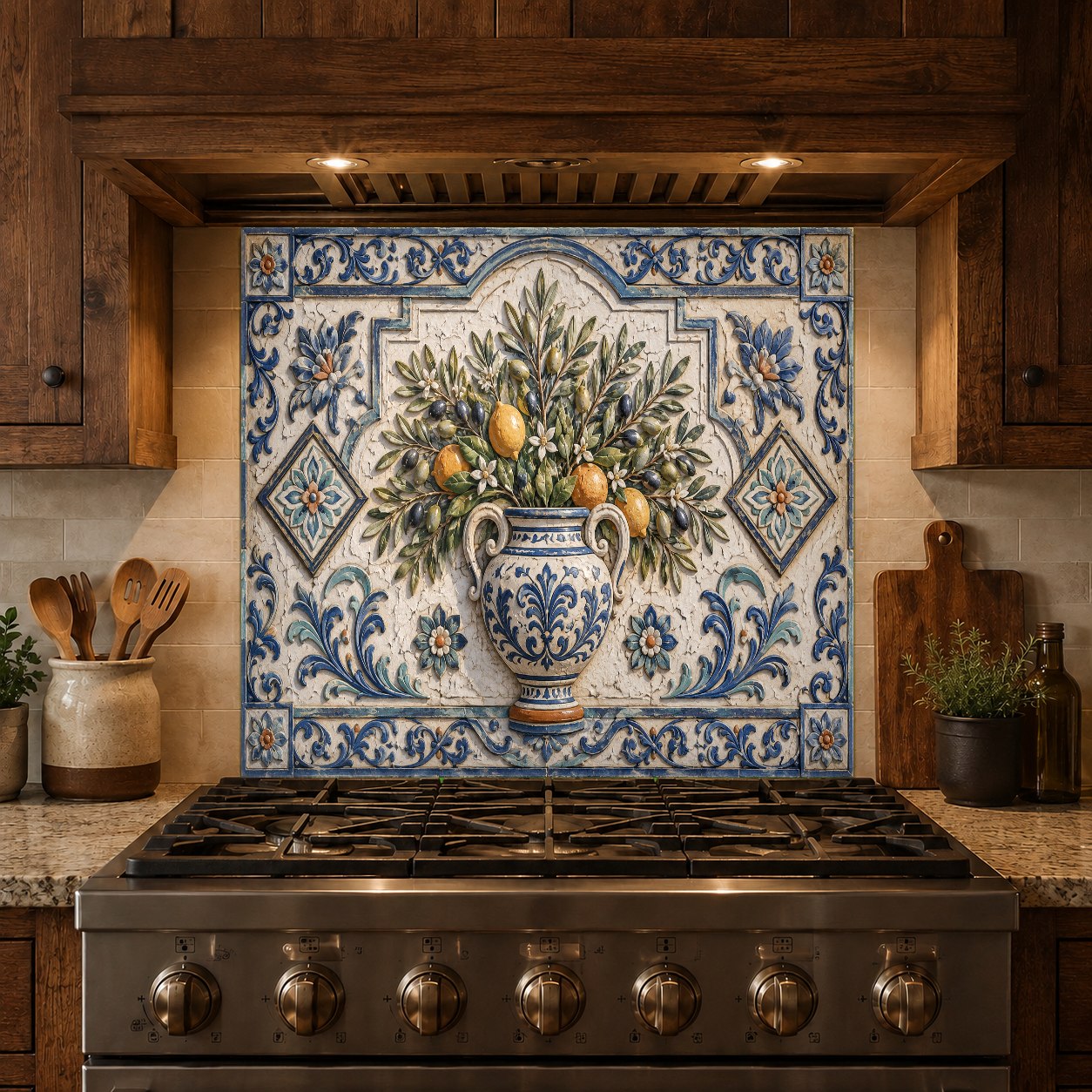 Bright yellow lemon tile kitchen backsplash panel reflecting kitchen lighting