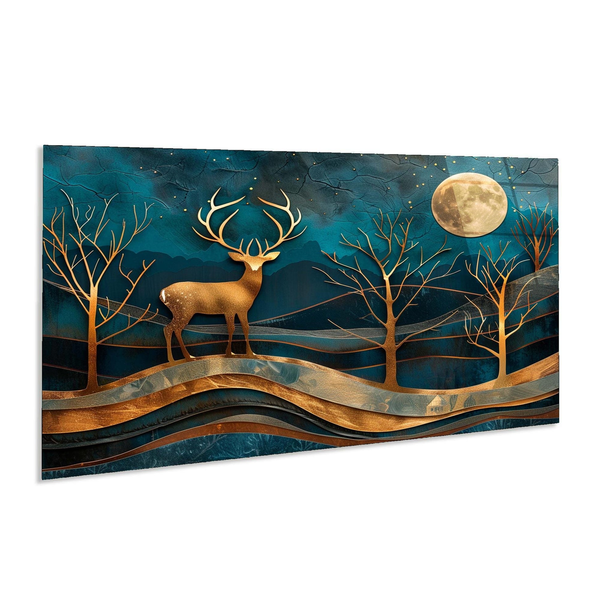 Decorative wall art with a deer and moonlit landscape