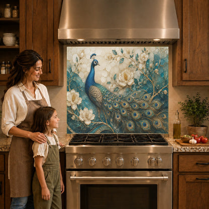 Vibrant teal and gold peacock feather glass backsplash panel mounted on a kitchen wall behind a cooktop.