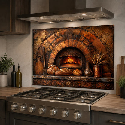 Cozy country kitchen sink area featuring a durable glass backsplash with a vintage oven design.