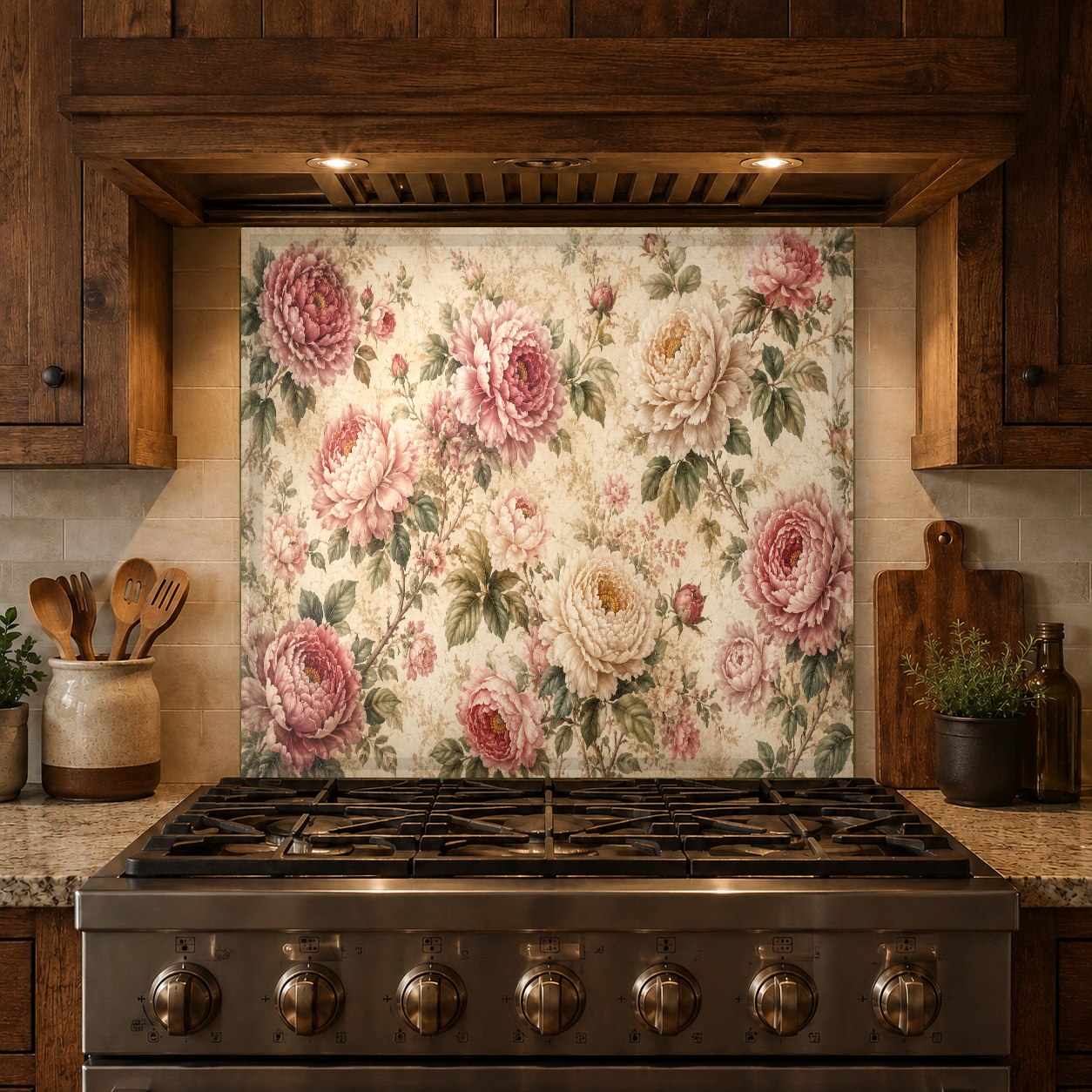 Durable and heat-safe floral glass stove splash guard installed in a luxury kitchen remodel.
