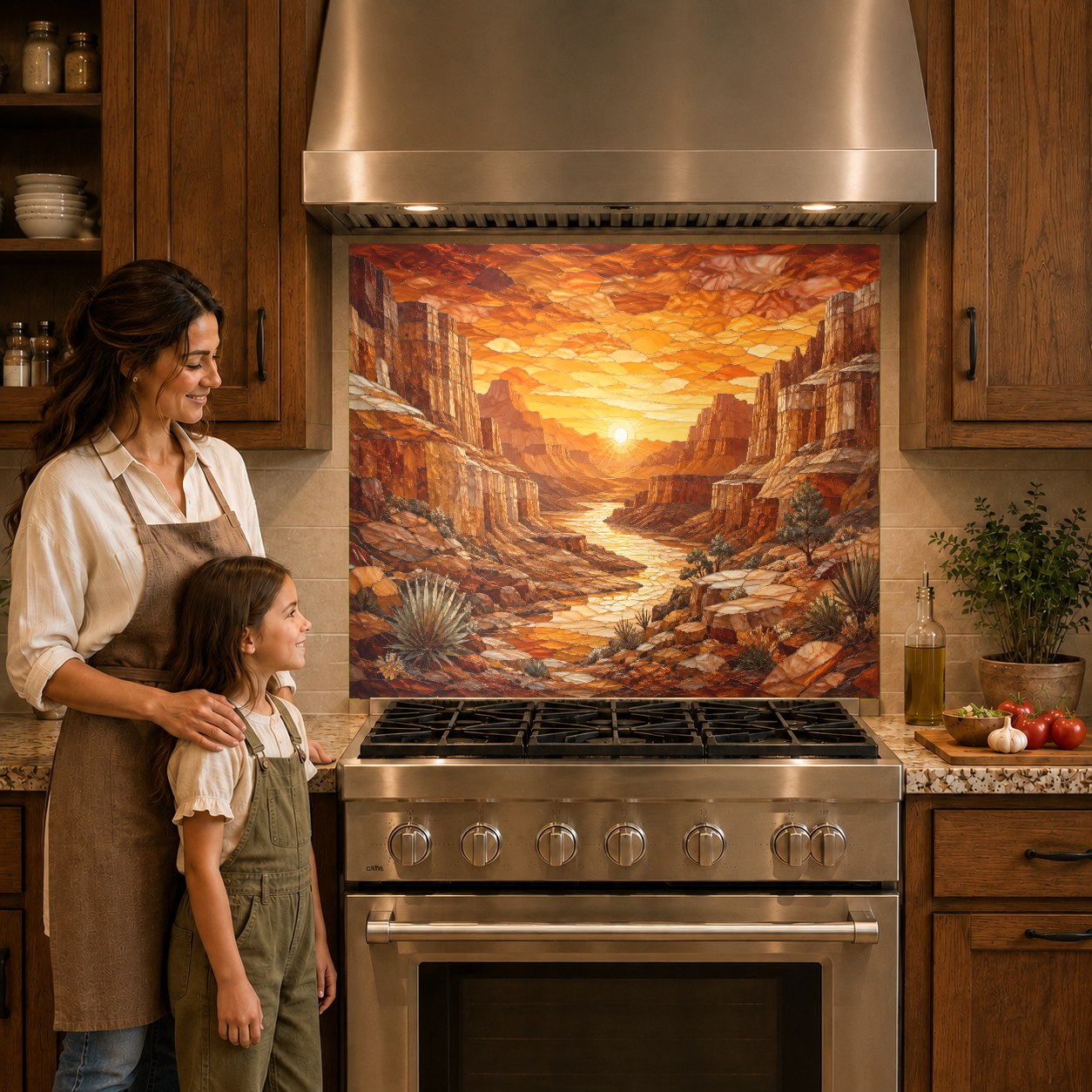 Warm desert landscape glass backsplash panel behind a gas cooktop