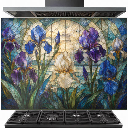 Iris Garden tempered glass backsplash installed securely behind a stainless steel kitchen stove