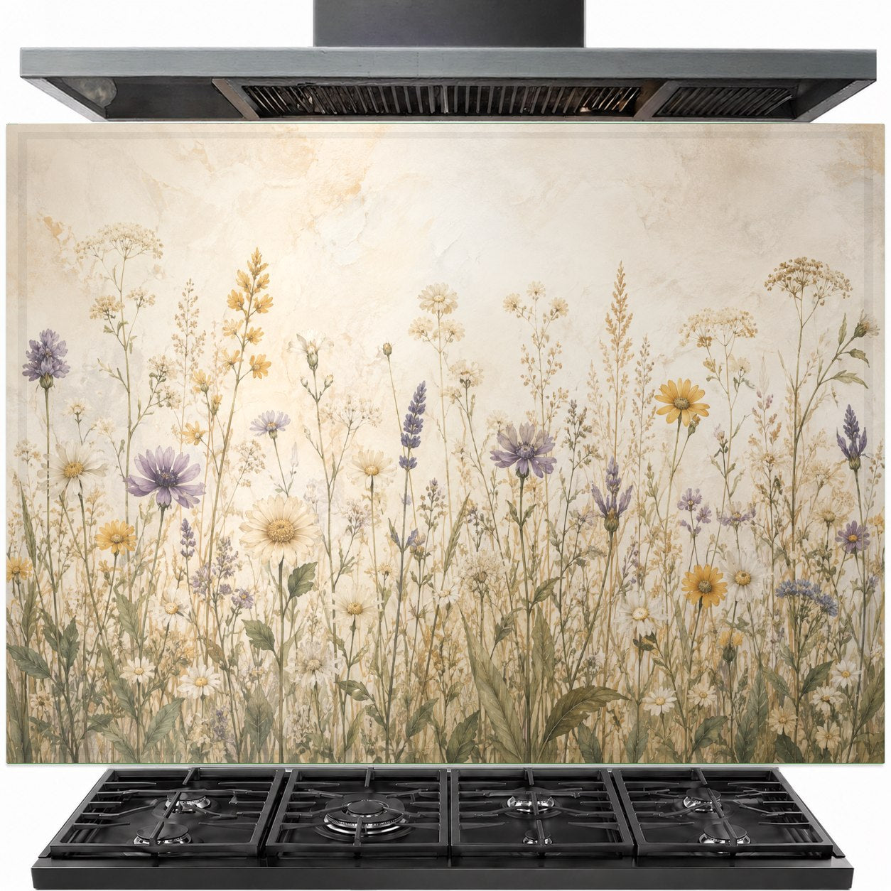 Wildflower meadow tempered glass backsplash installed behind a professional gas stove in a modern farmhouse kitchen.