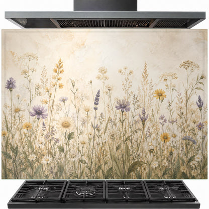 Wildflower meadow tempered glass backsplash installed behind a professional gas stove in a modern farmhouse kitchen.