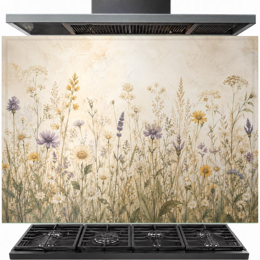 Wildflower meadow tempered glass backsplash installed behind a professional gas stove in a modern farmhouse kitchen.