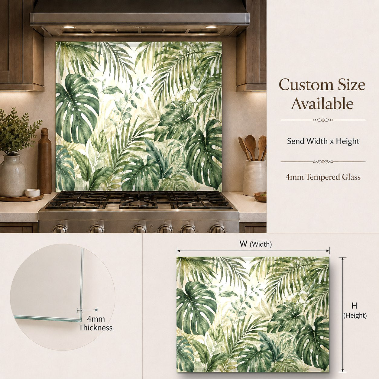 Modern kitchen featuring a tropical jungle leaf glass backsplash behind the range and under wood cabinets.