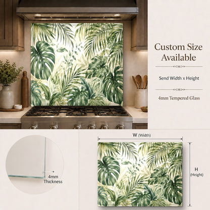 Modern kitchen featuring a tropical jungle leaf glass backsplash behind the range and under wood cabinets.
