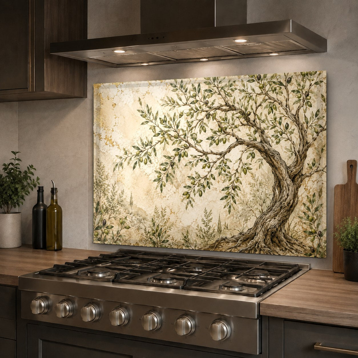 Earthy green and cream olive fresco glass backsplash panel beautifully mounted on a farmhouse kitchen wall.