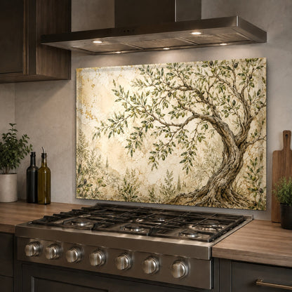 Earthy green and cream olive fresco glass backsplash panel beautifully mounted on a farmhouse kitchen wall.