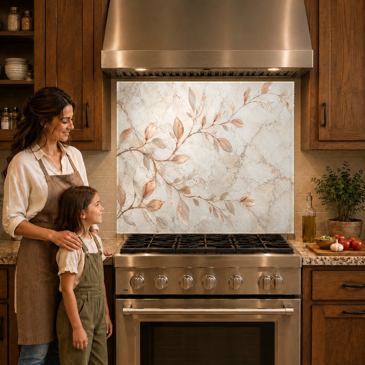Close-up of heat-resistant glass stove backsplash with metallic bronze and copper branch motifs in a rustic kitchen.