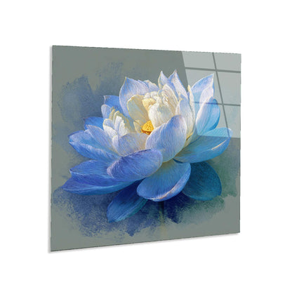 Canvas print of a blue and white lotus flower on a gray background