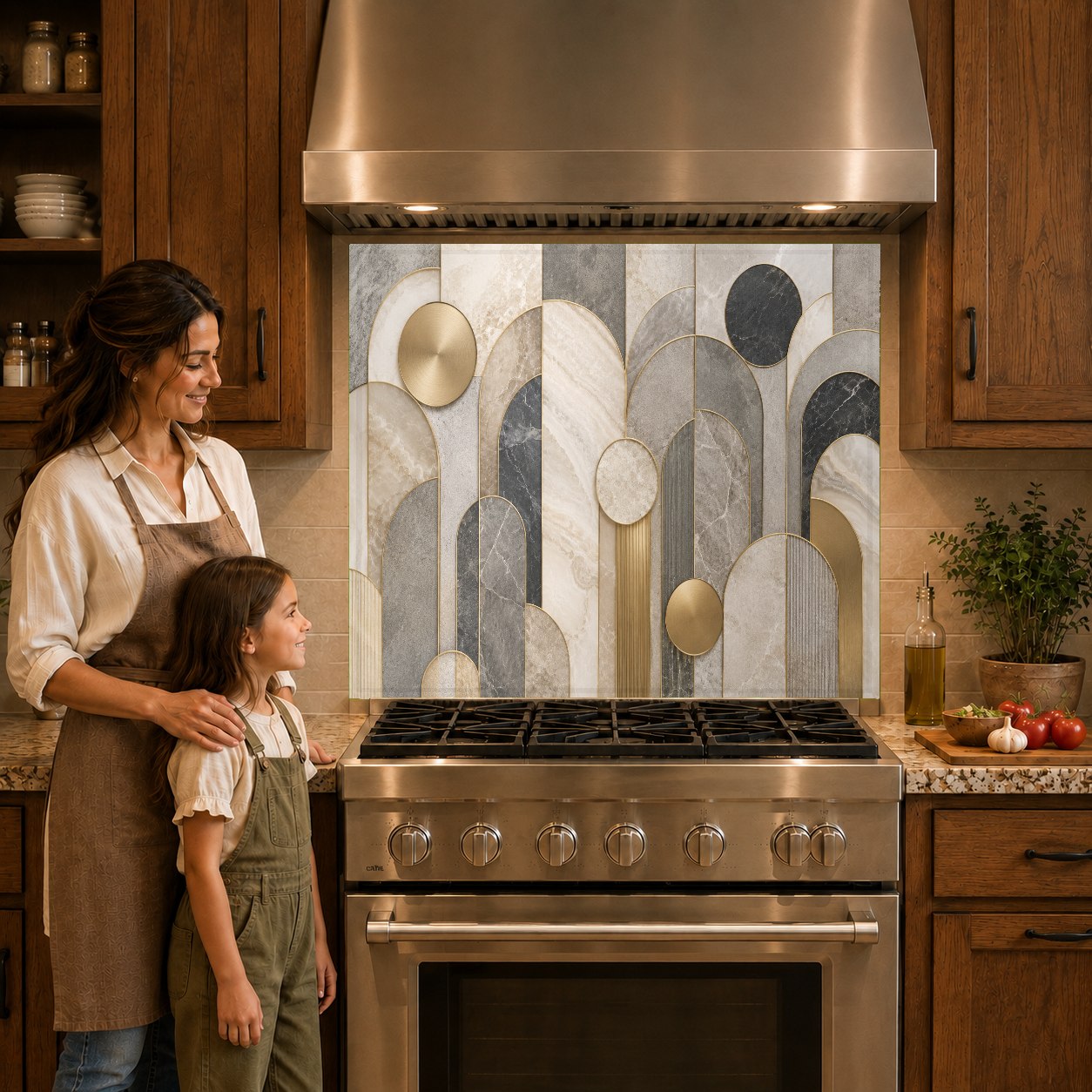 Luxury marble arches kitchen glass backsplash over a stainless steel cooktop