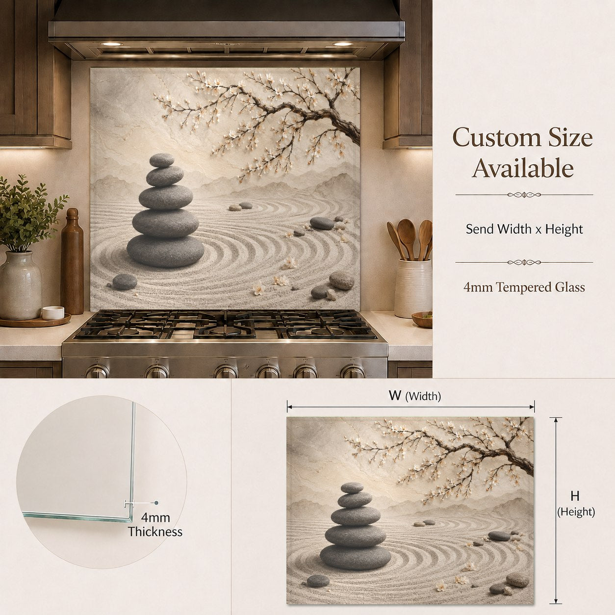 Beautiful white and pink blossom tempered glass stove guard in a modern white kitchen setting.