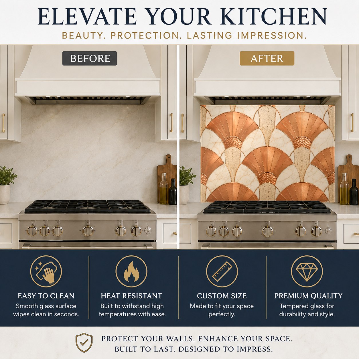 Hygienic and easy-to-clean copper abstract kitchen glass panel mounted on the wall behind a stainless steel sink.