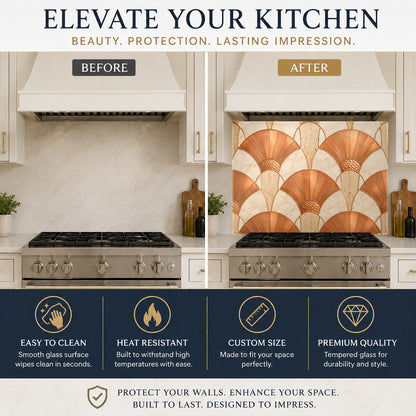 Hygienic and easy-to-clean copper abstract kitchen glass panel mounted on the wall behind a stainless steel sink.