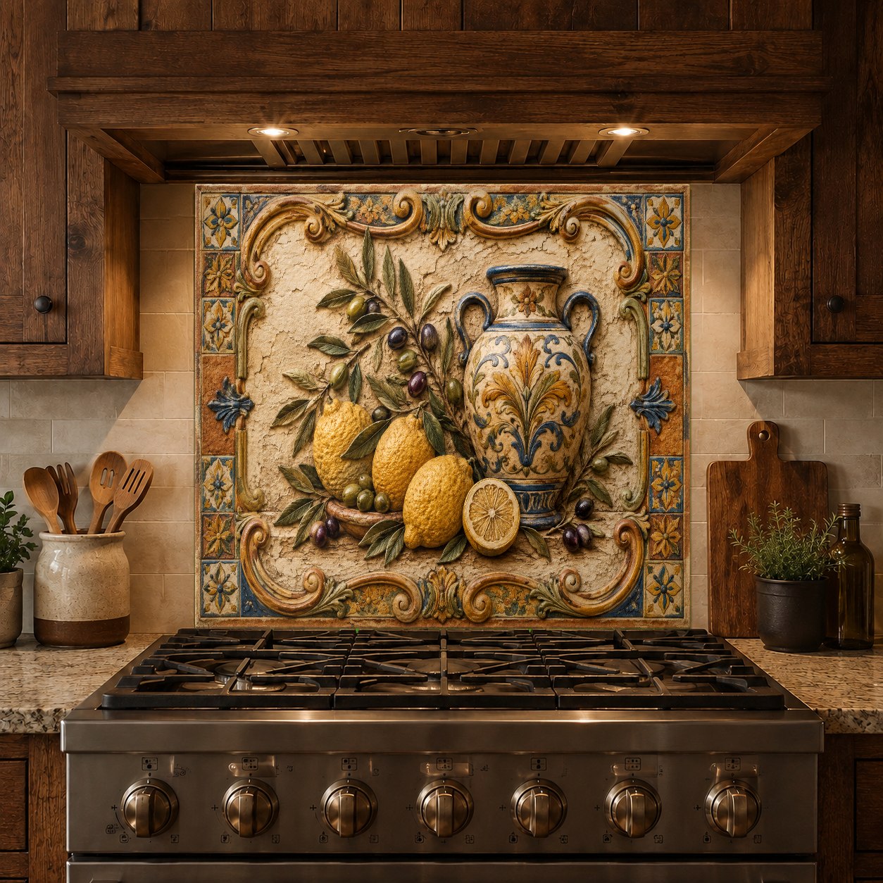 Custom tempered glass kitchen backsplash with vibrant fruit design behind a sink
